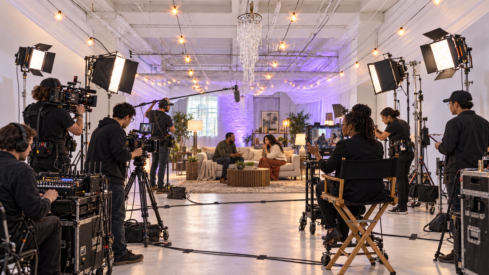 Film crew and camera setup on the production floor