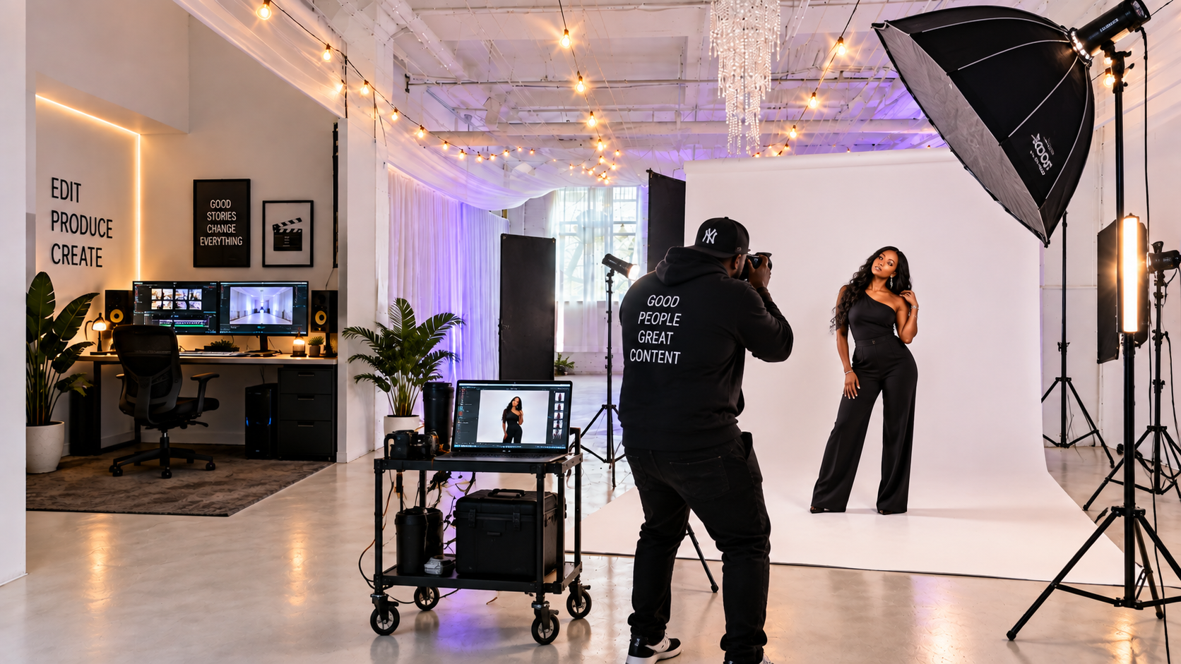 Photographer working with a portrait subject against a white backdrop in the studio